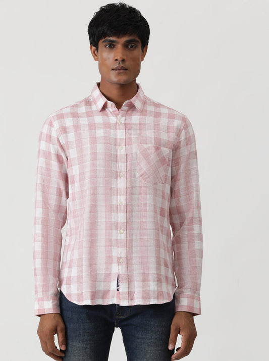 Pink Checked Slim Fit Casual Shirt | pehervi