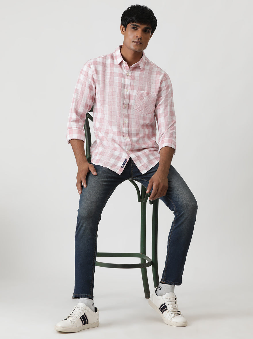 Pink Checked Slim Fit Casual Shirt | pehervi