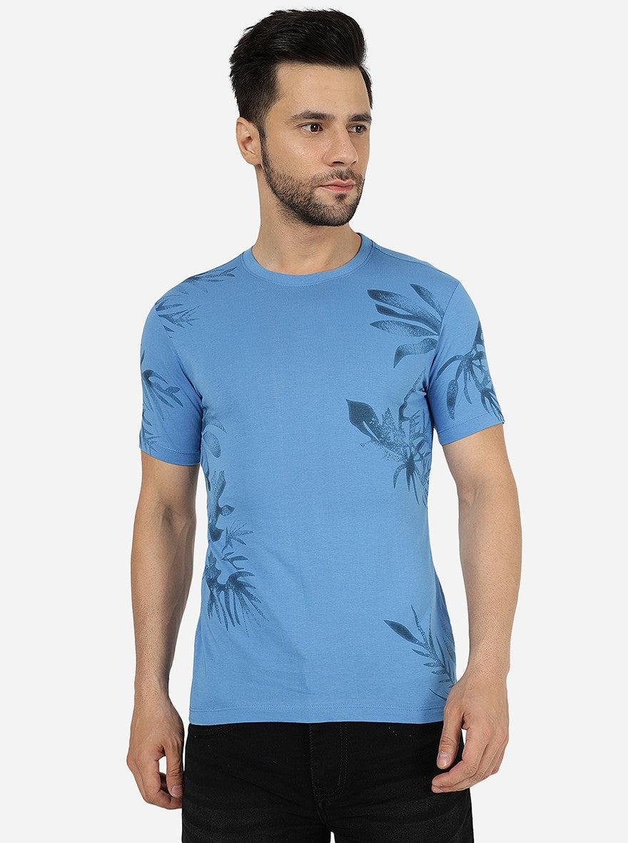 Campanula Blue Printed Slim Fit T-Shirt | pehervi