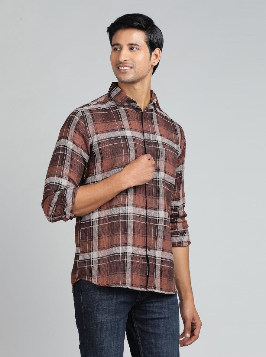Brown Checked Slim Fit Casual Shirt | pehervi