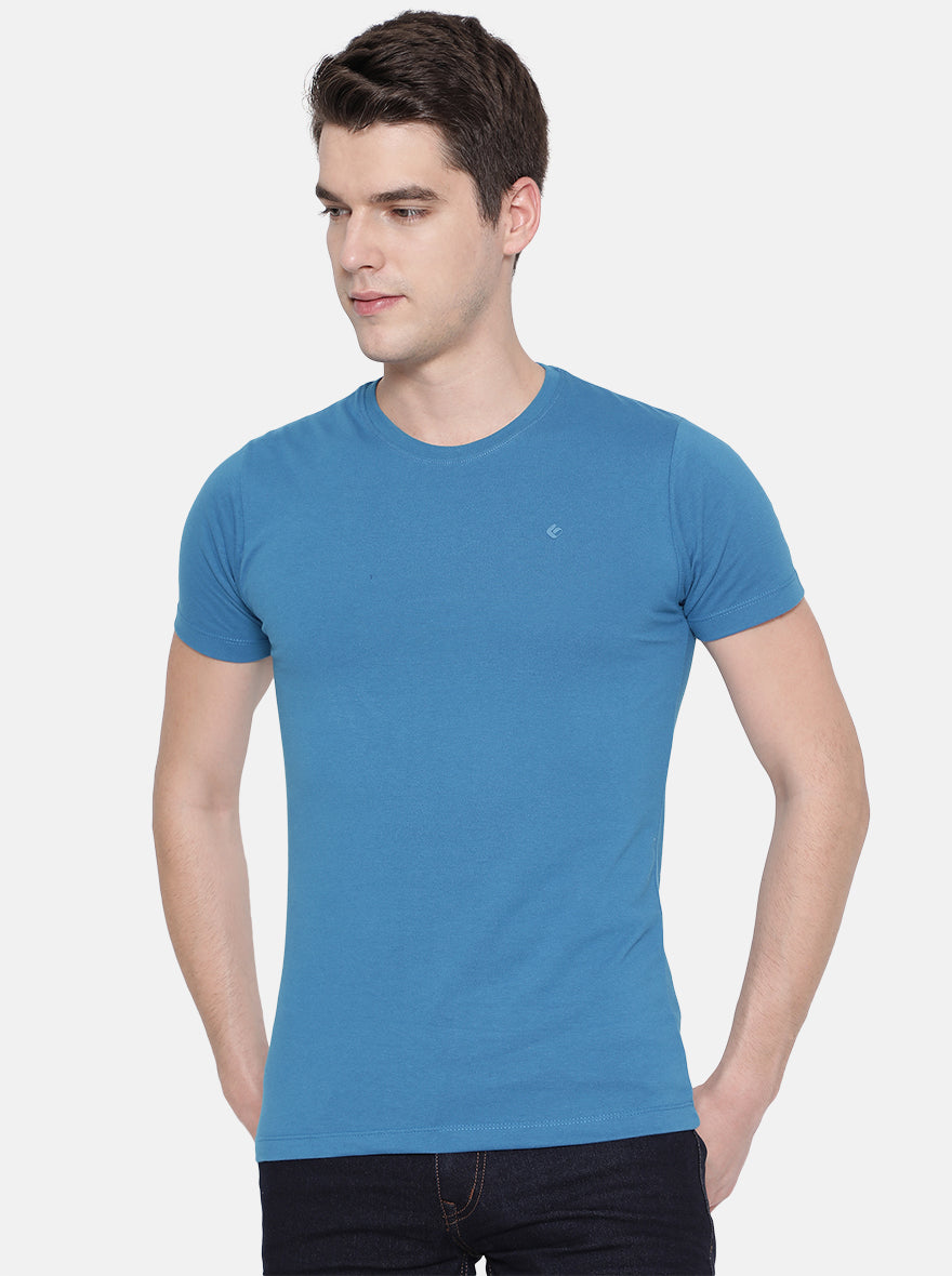 Seaport Blue Solid Slim Fit T-Shirt | pehervi