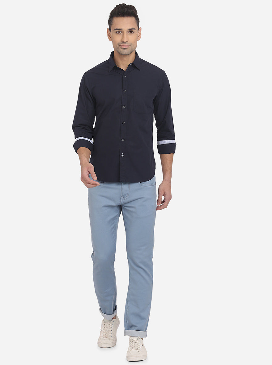 Peacoat Blue Solid Slim Fit Semi Casual Shirt | Pehervi