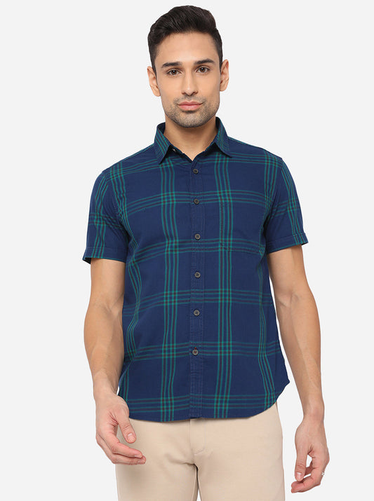Colonial Blue Checked Slim Fit Semi Casual Shirt | Pehervi