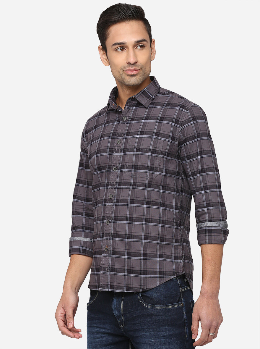 Steel Grey Checked Slim Fit Semi Casual Shirt | Pehervi
