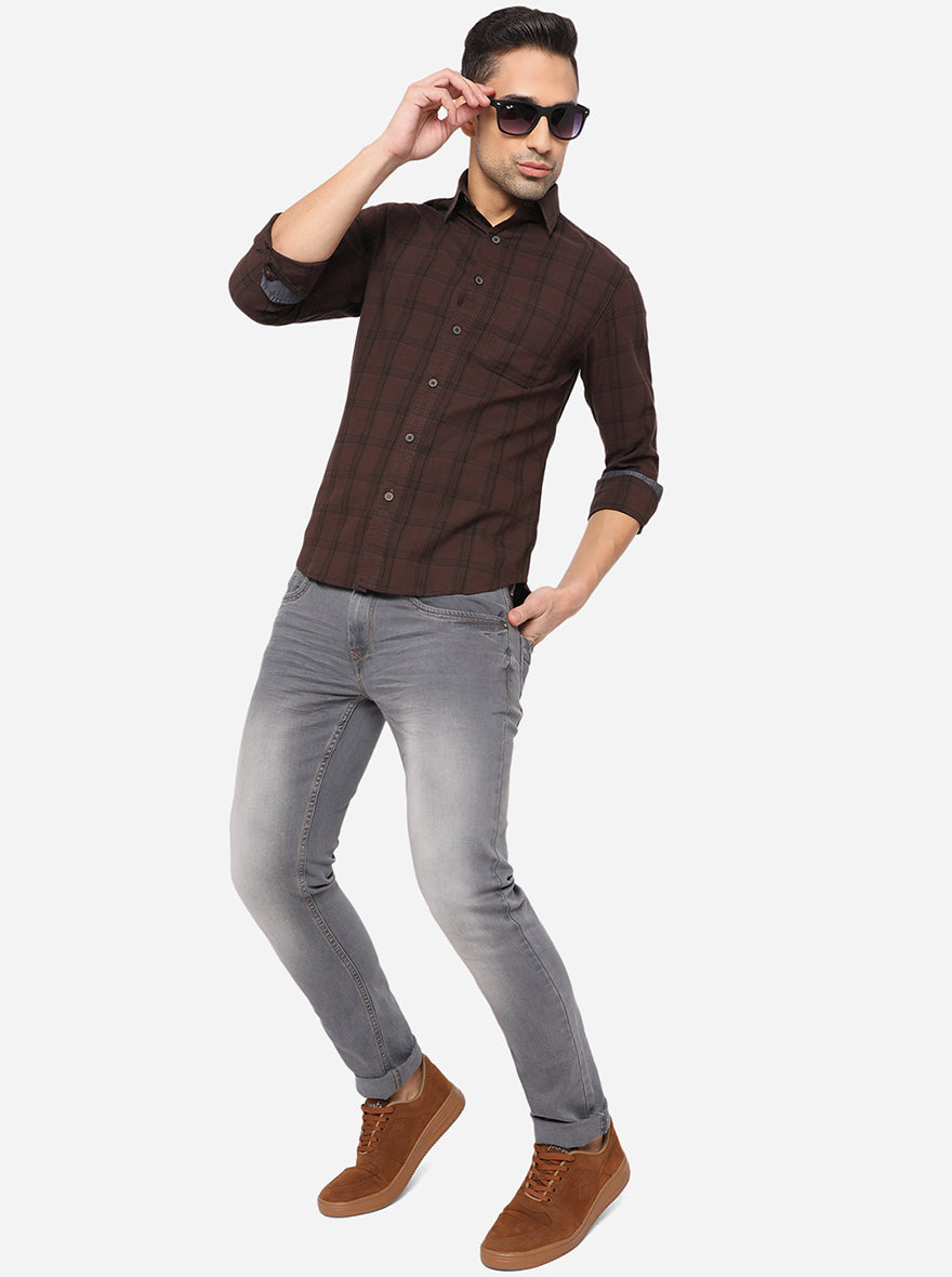 Shale Brown Checked Slim Fit Semi Casual Shirt | Pehervi