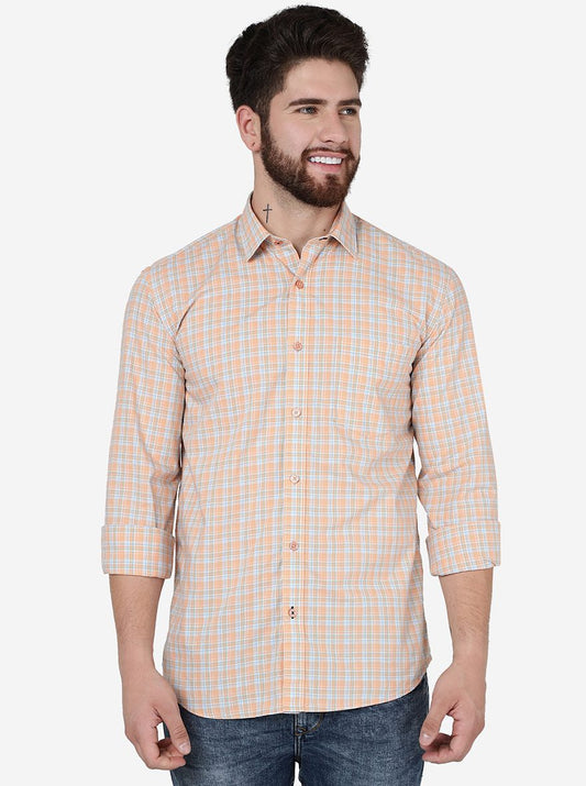 Peach Checked Slim Fit Semi Casual Shirt | Pehervi