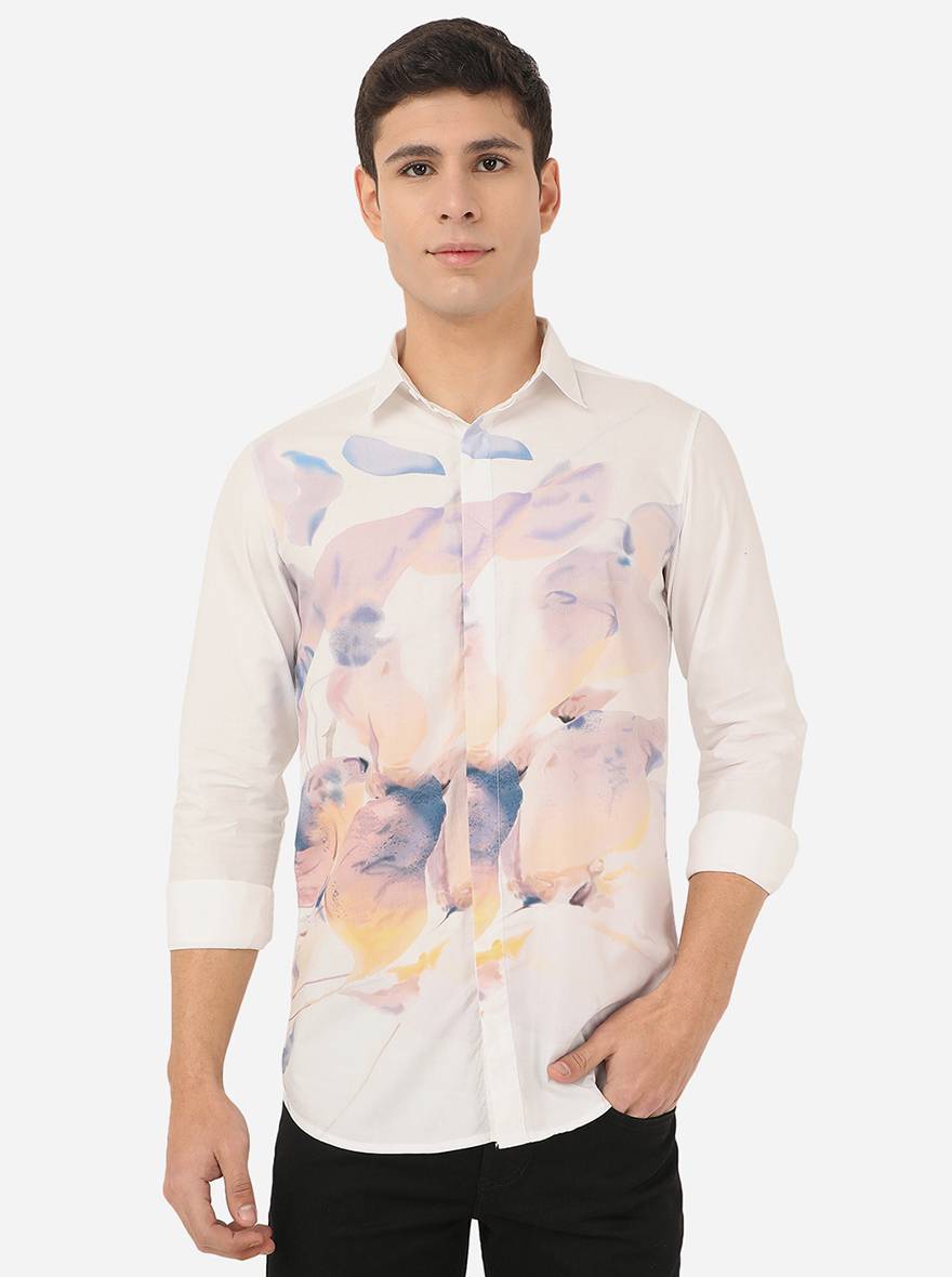 Bright White Printed Slim Fit Semi Casual Shirt | Pehervi