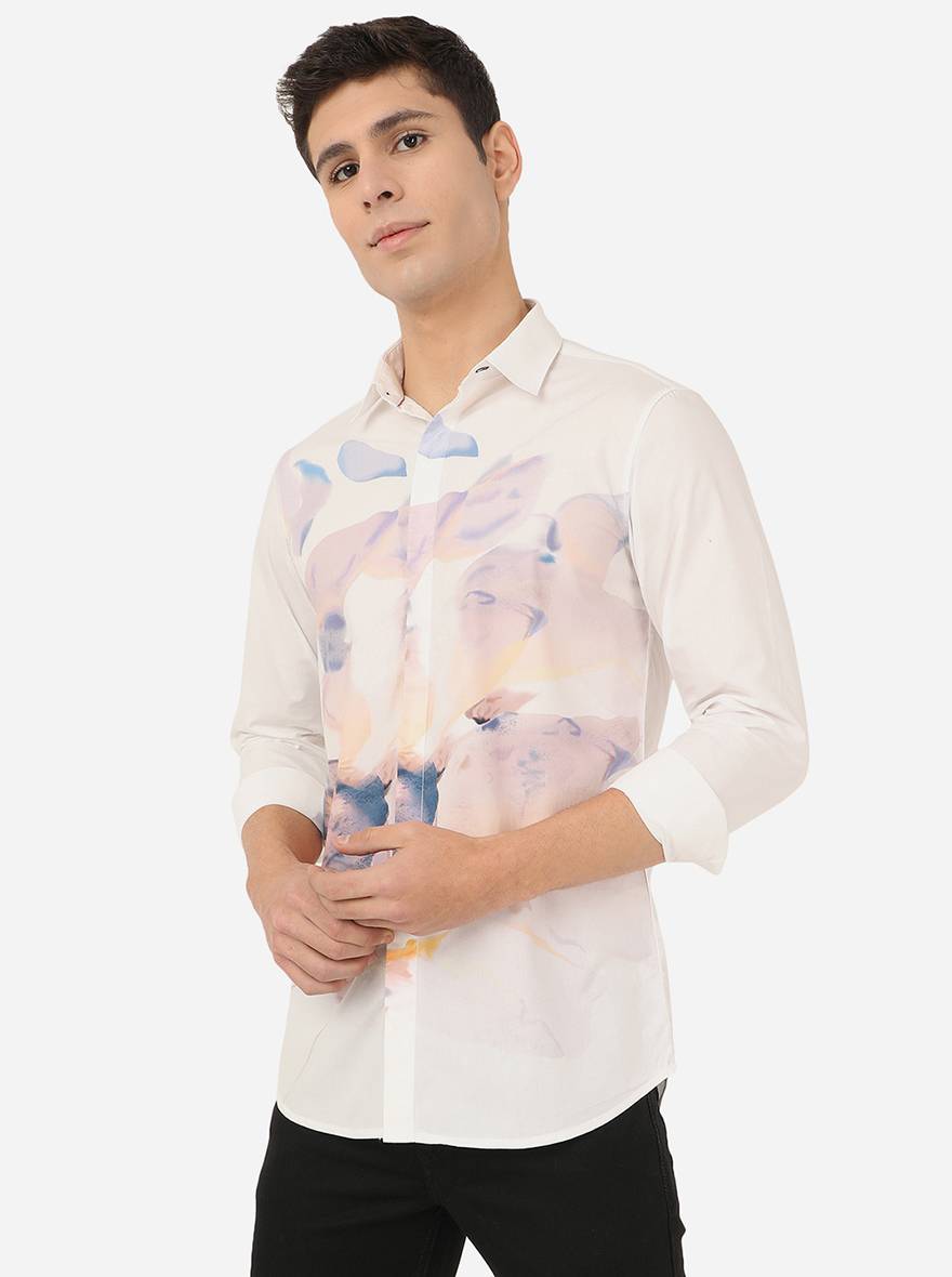Bright White Printed Slim Fit Semi Casual Shirt | Pehervi
