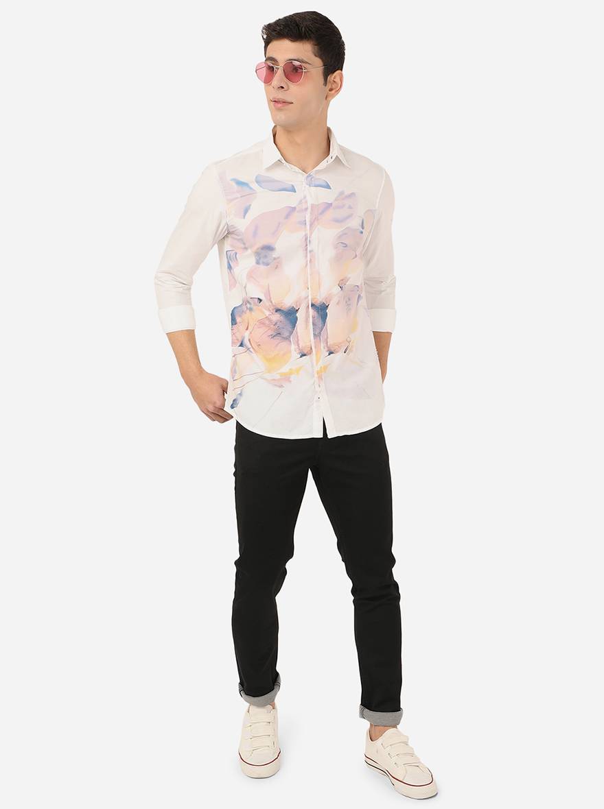 Bright White Printed Slim Fit Semi Casual Shirt | Pehervi