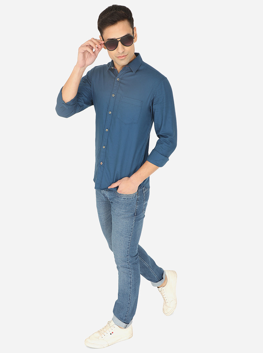 Dark Blue Solid Slim Fit Semi Casual Shirt | Pehervi