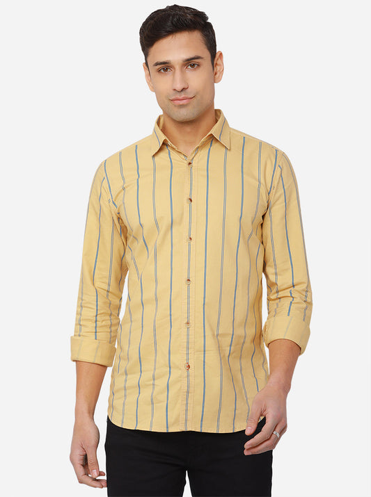 Pan Beige Striped Slim Fit Semi Casual Shirt | Pehervi