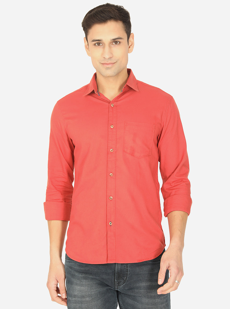 Spice Red Solid Slim Fit Semi Casual Shirt | Pehervi