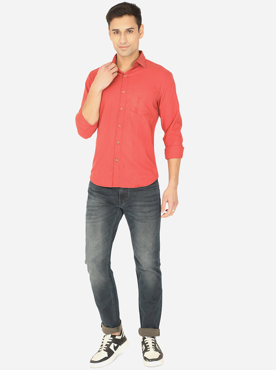 Spice Red Solid Slim Fit Semi Casual Shirt | Pehervi