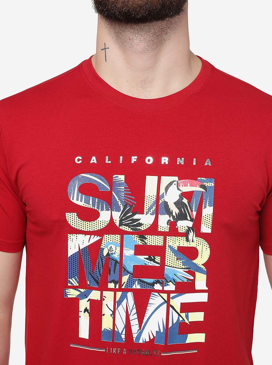 Red Printed Slim Fit T-Shirt | pehervi