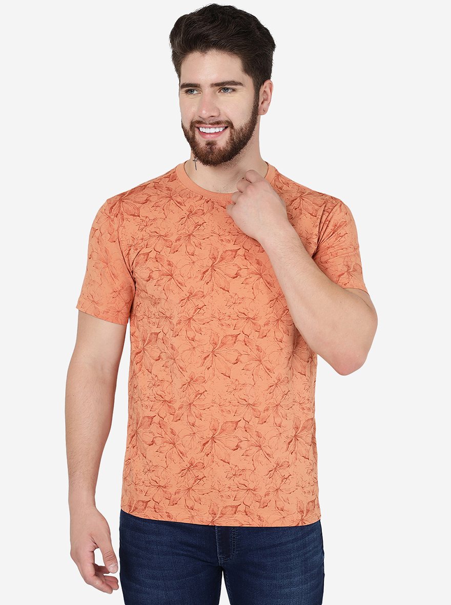 Sand Stone Brown Printed Slim Fit T-Shirt | pehervi