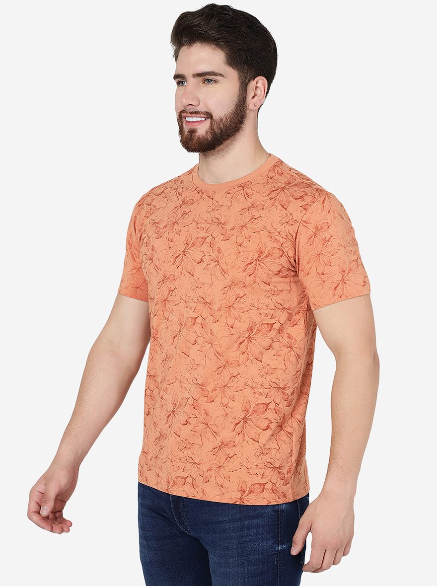 Sand Stone Brown Printed Slim Fit T-Shirt | pehervi