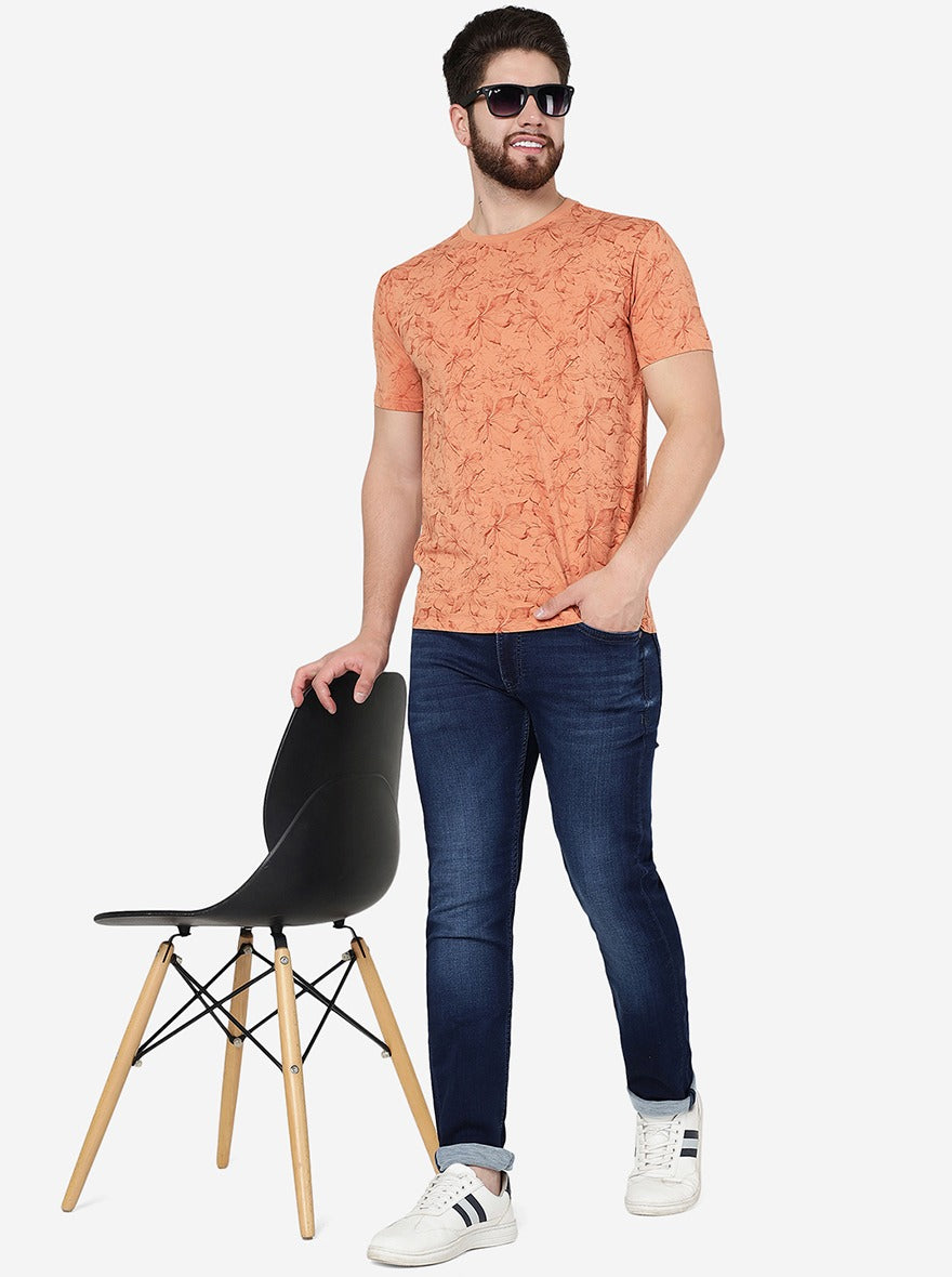 Sand Stone Brown Printed Slim Fit T-Shirt | pehervi