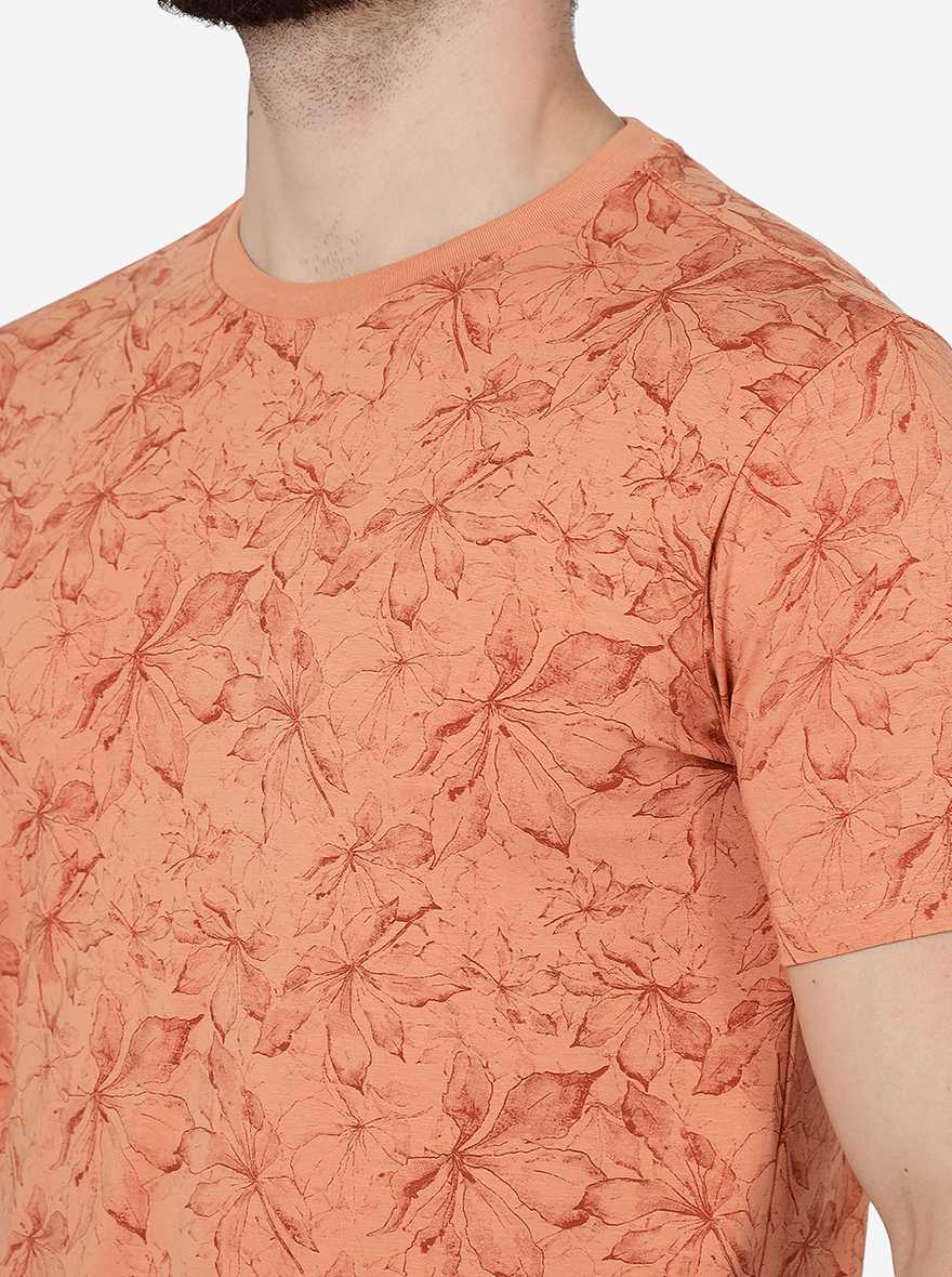 Sand Stone Brown Printed Slim Fit T-Shirt | pehervi