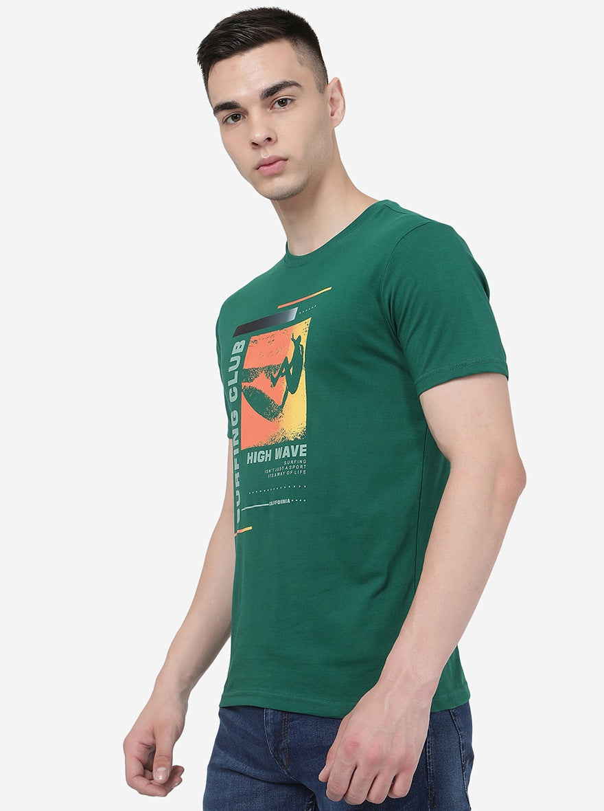 Dark Green Printed Slim Fit T-Shirt | pehervi