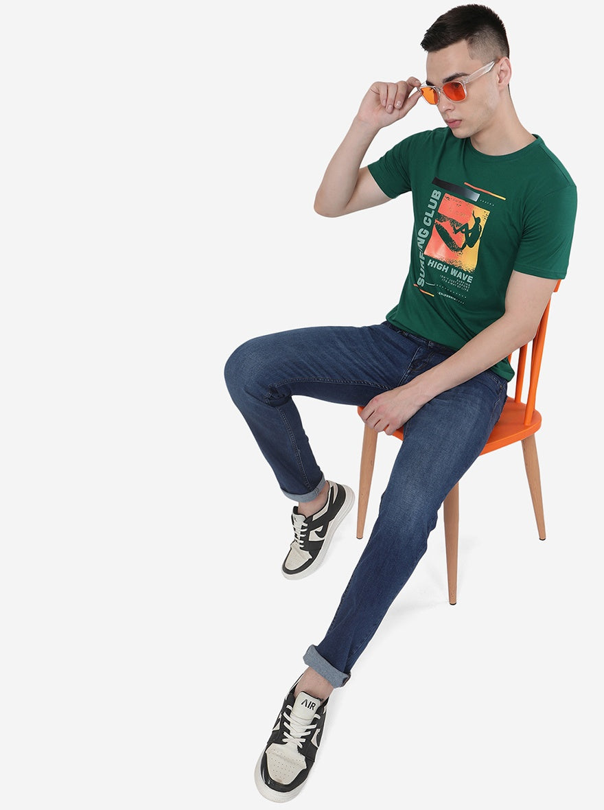 Dark Green Printed Slim Fit T-Shirt | pehervi