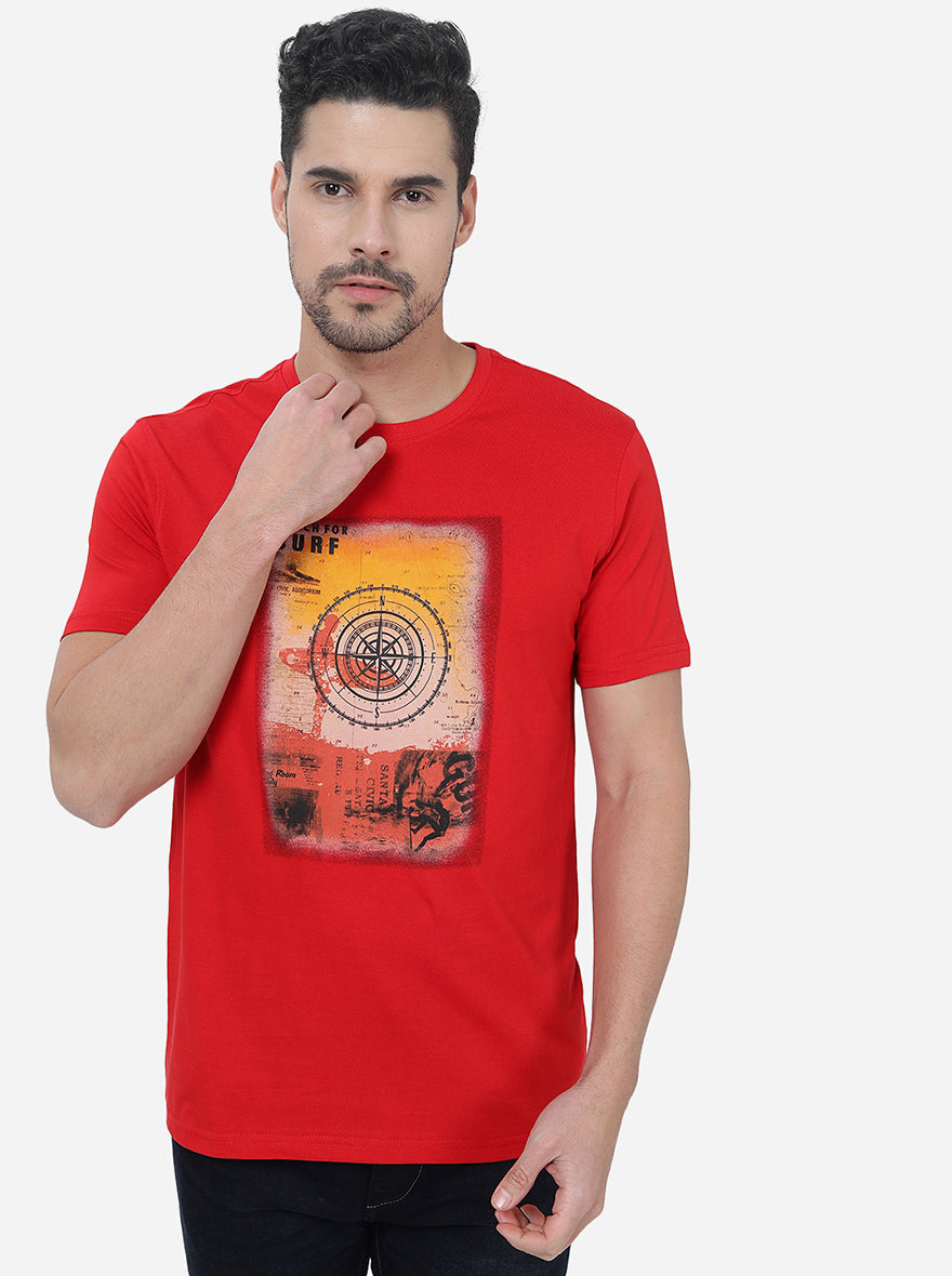 Red Printed Slim Fit T-Shirt | pehervi