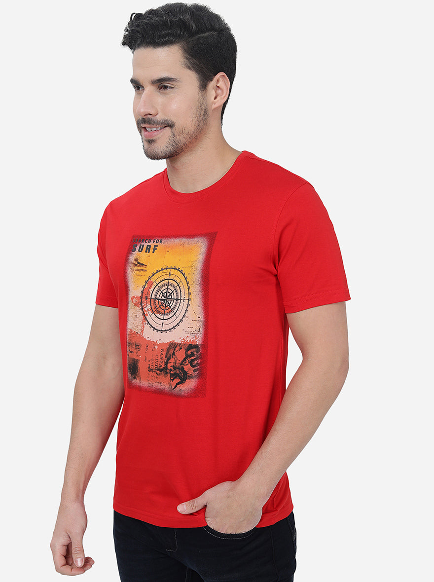 Red Printed Slim Fit T-Shirt | pehervi