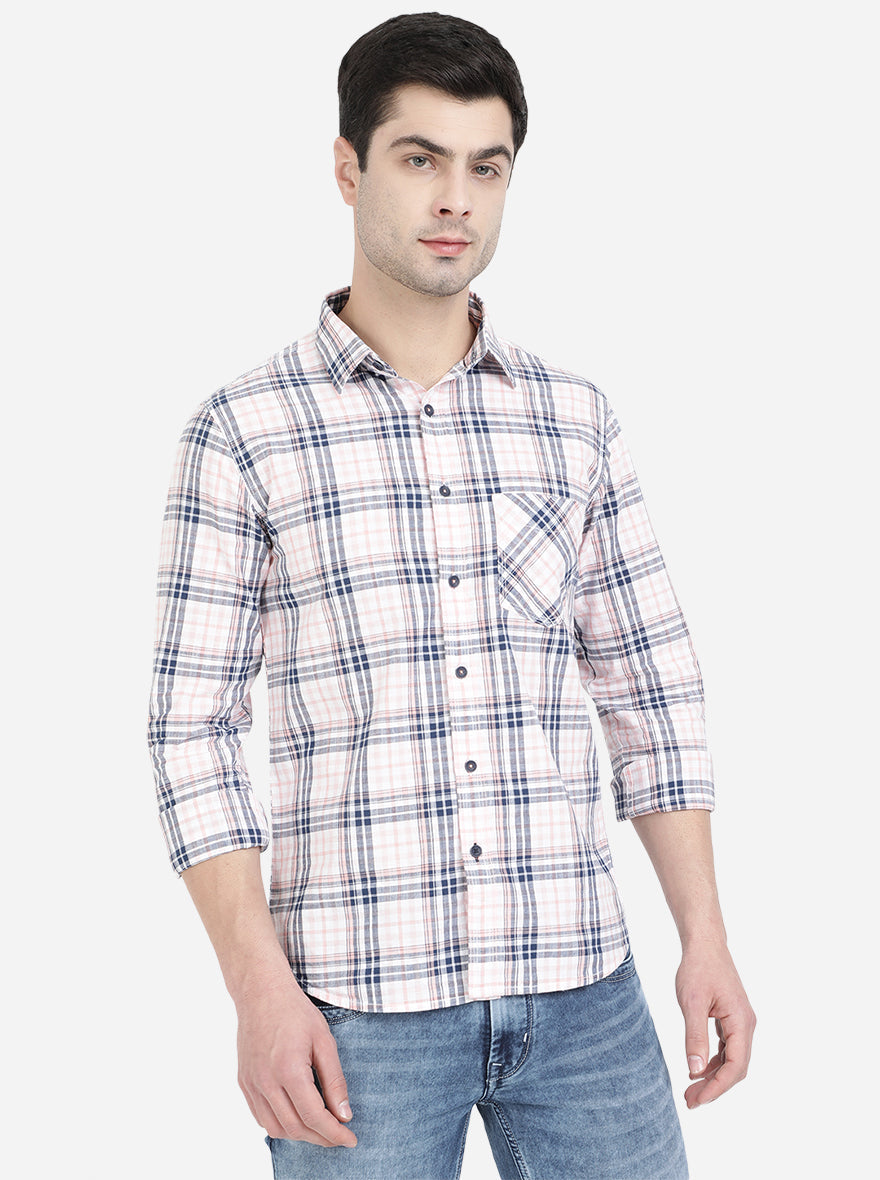 Orchid Pink & Navy Blue Checked Slim Fit Semi Casual Shirt | Pehervi