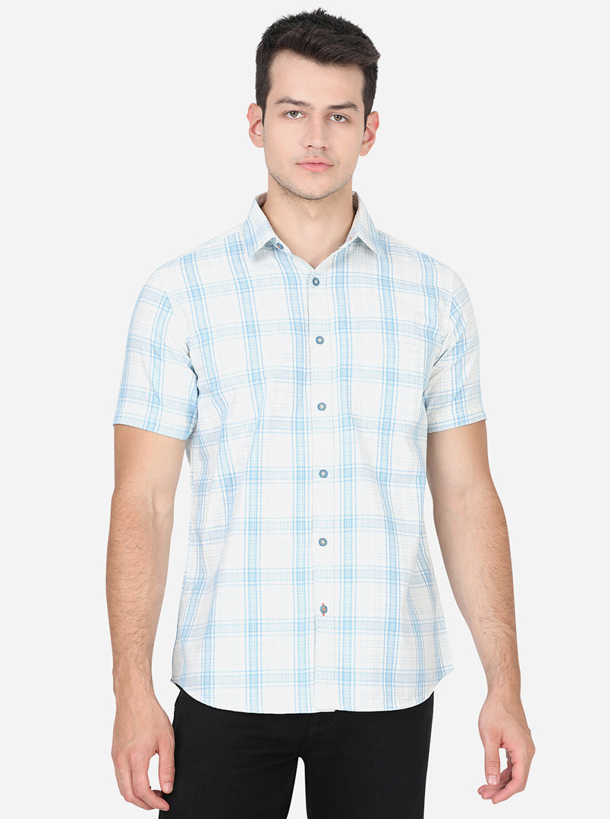 Bright White & Green Checked Slim Fit Semi Casual Shirt | Pehervi