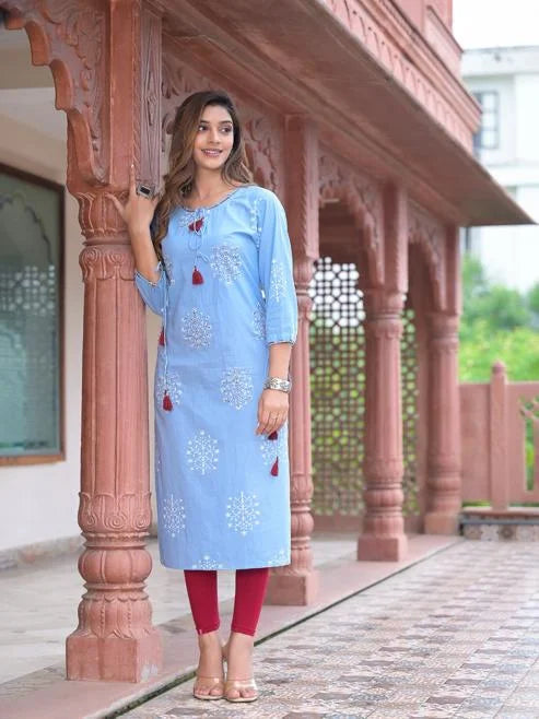 Cotton Cambric Sequin & Thread Work Straight Kurta (Blue)