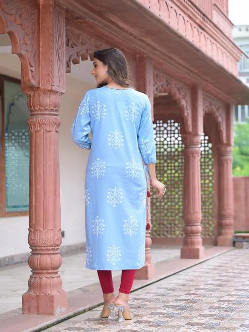 Cotton Cambric Sequin & Thread Work Straight Kurta (Blue)