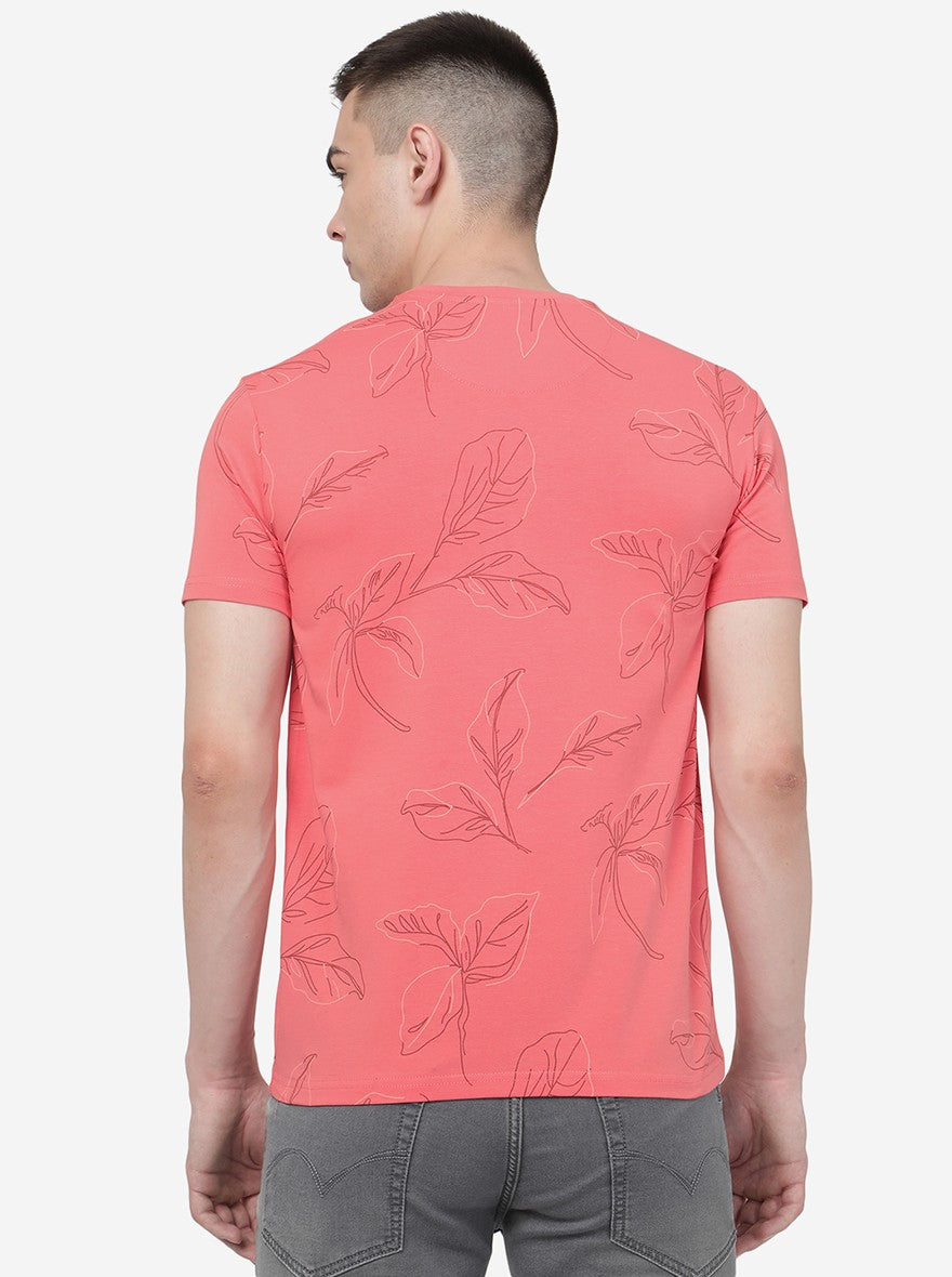 Coral Pink Printed Slim Fit T-Shirt | pehervi