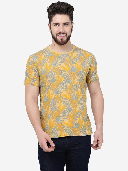 Beige Printed Slim Fit T-Shirt | pehervi