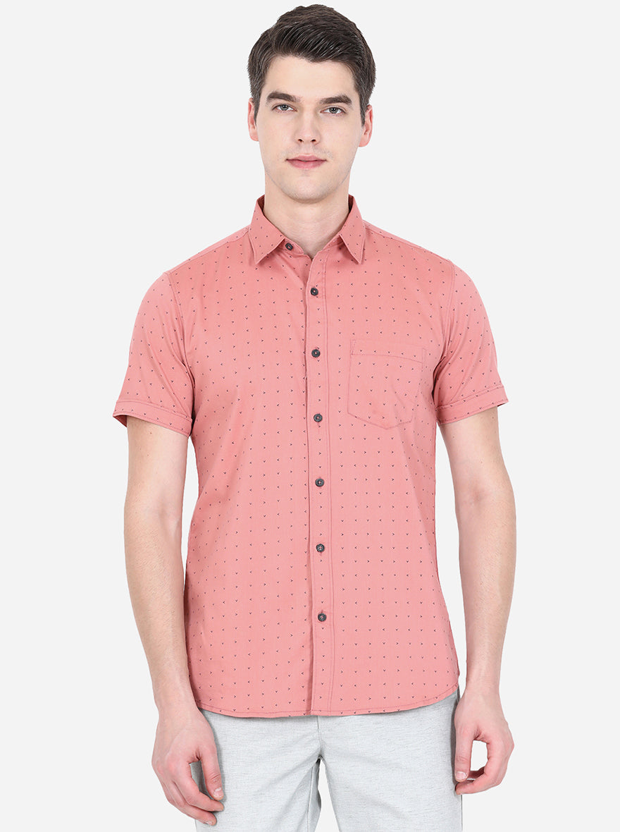 Sand Pink Printed Slim Fit Semi Casual Shirt | Pehervi