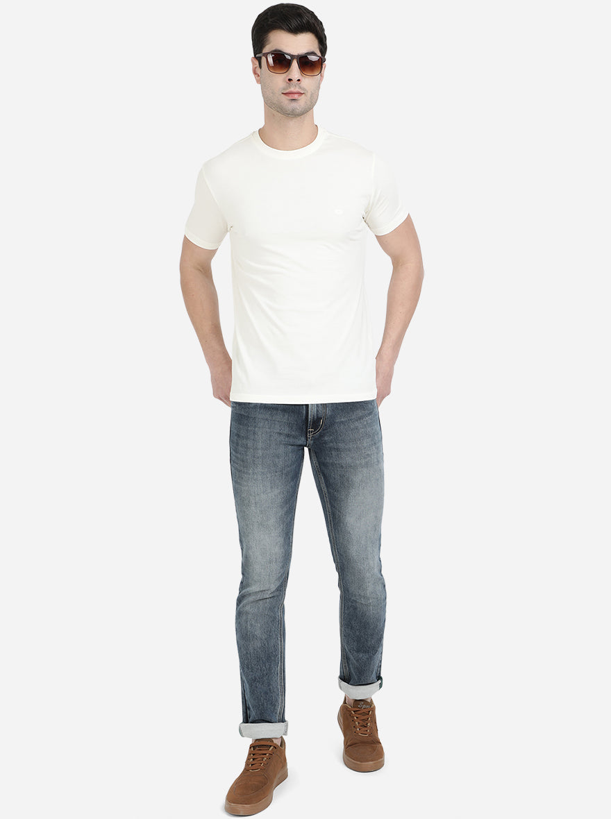 Cream Solid Slim Fit T-Shirt | pehervi