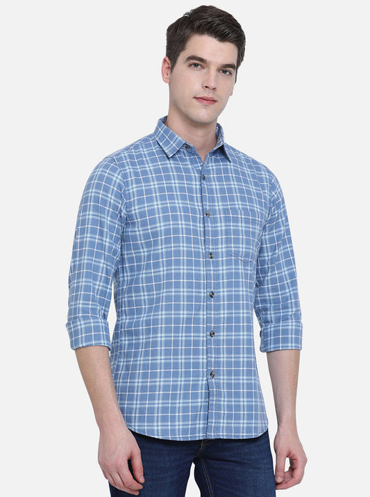 Copen Blue Checked Slim Fit Semi Casual Shirt | Pehervi
