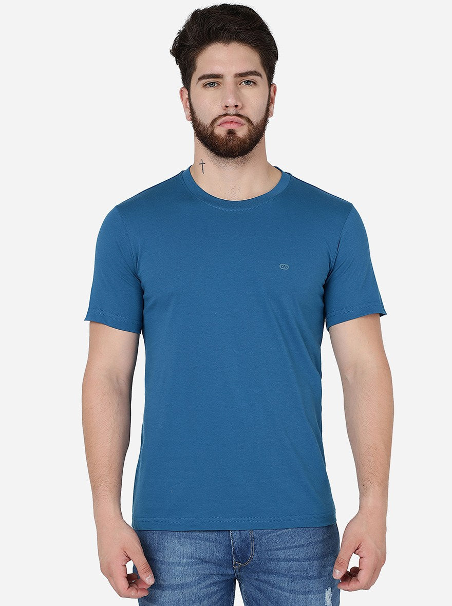 Seaport Blue Solid Slim Fit T-Shirt | pehervi