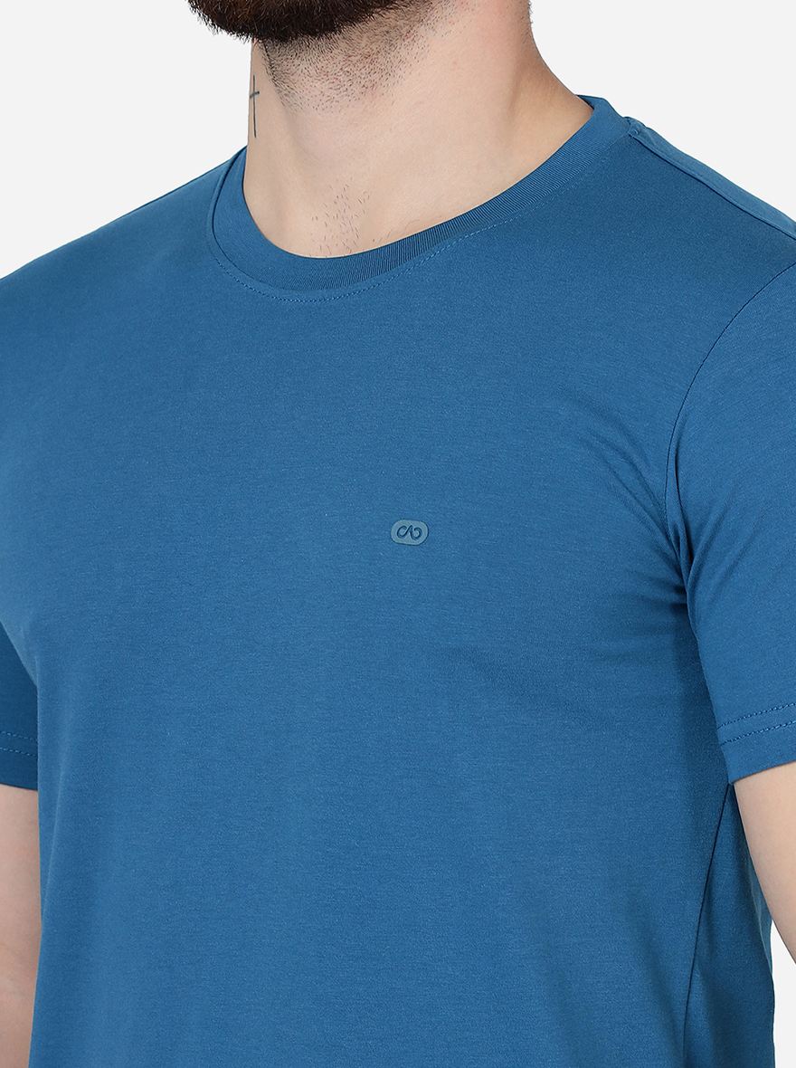 Seaport Blue Solid Slim Fit T-Shirt | pehervi
